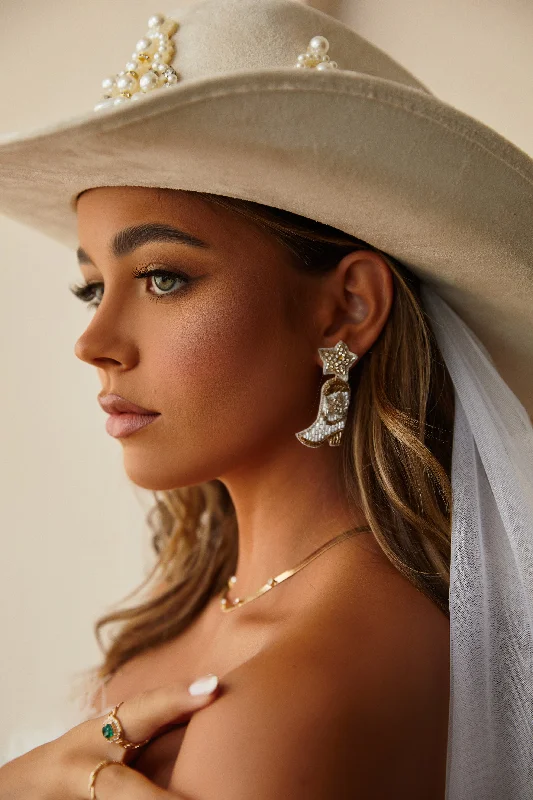 Trendy Silver Earrings For Casual Look-Happily Ever After Cowgirl Boot Dangle Earring - White