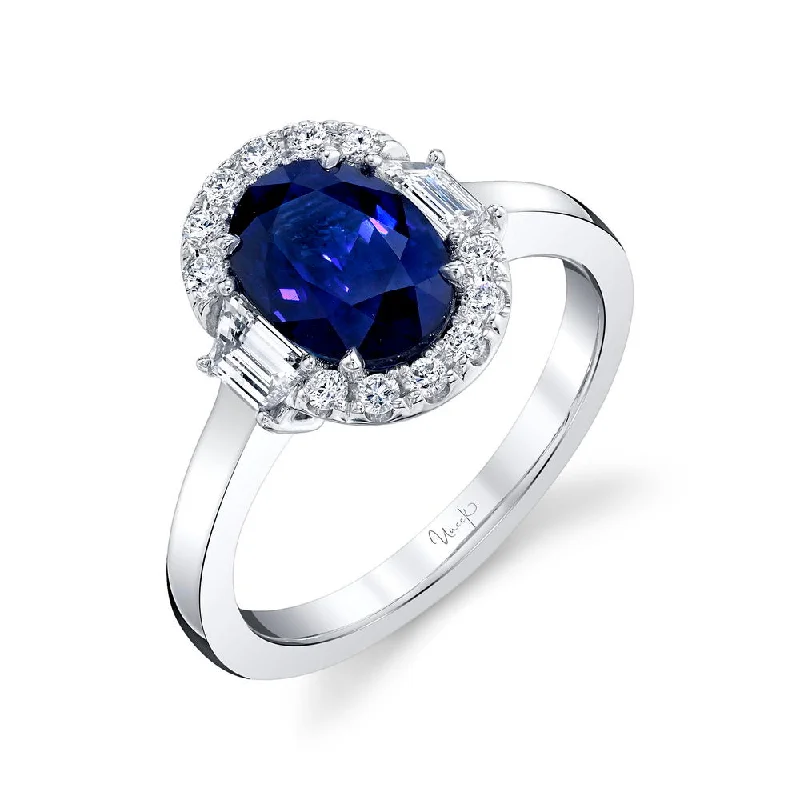 Luxury Custom Engagement Rings For Brides-Uneek Precious Collection Halo Oval Shaped Blue Sapphire Engagement Ring