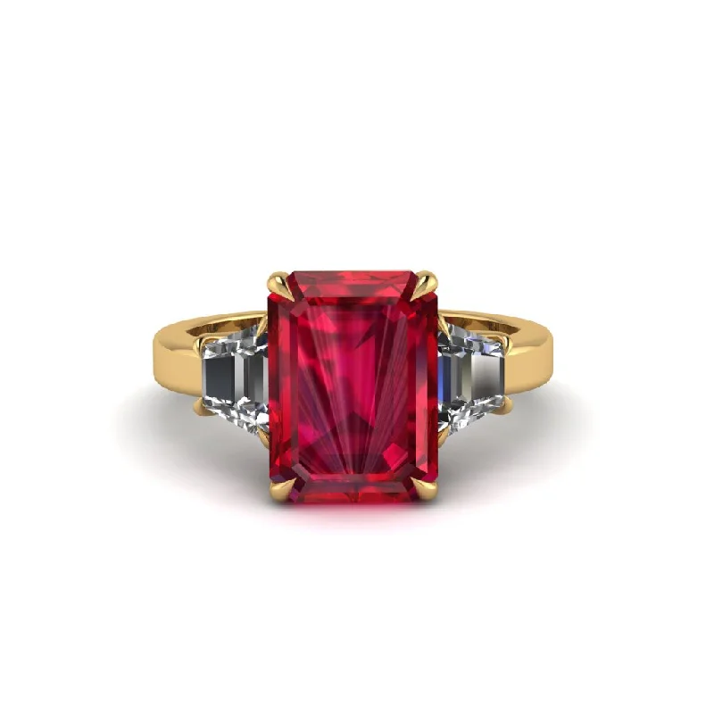 Luxury Wedding Bands With Sapphires For Brides-Ruby Emerald Cut Three Stone Ring With Custom Baguette - Yvette No. 10