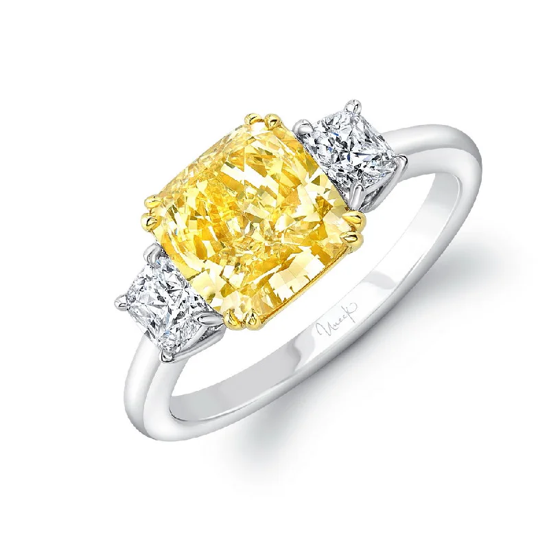 Elegant Wedding Rings With Colored Stones For Brides-Uneek Natureal Collection Three-Stone Cushion Cut Fancy Yellow Diamond Engagement Ring