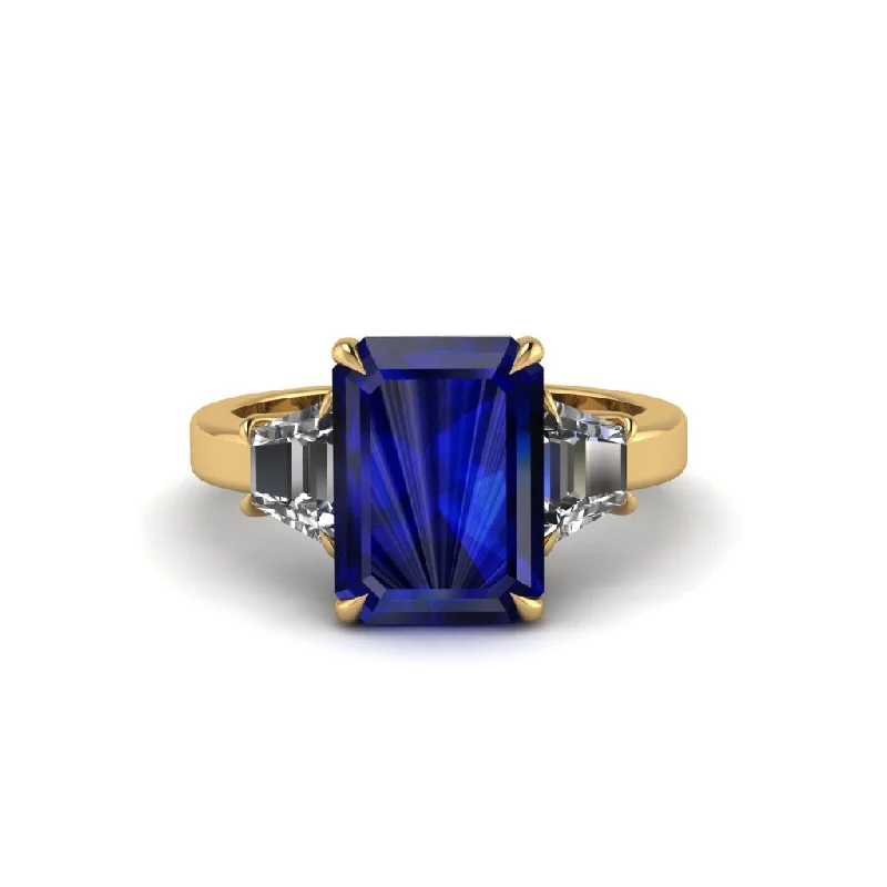 Elegant Wedding Rings With Colored Stones For Brides-Sapphire Emerald Cut Three Stone Ring With Custom Baguette - Yvette No. 13