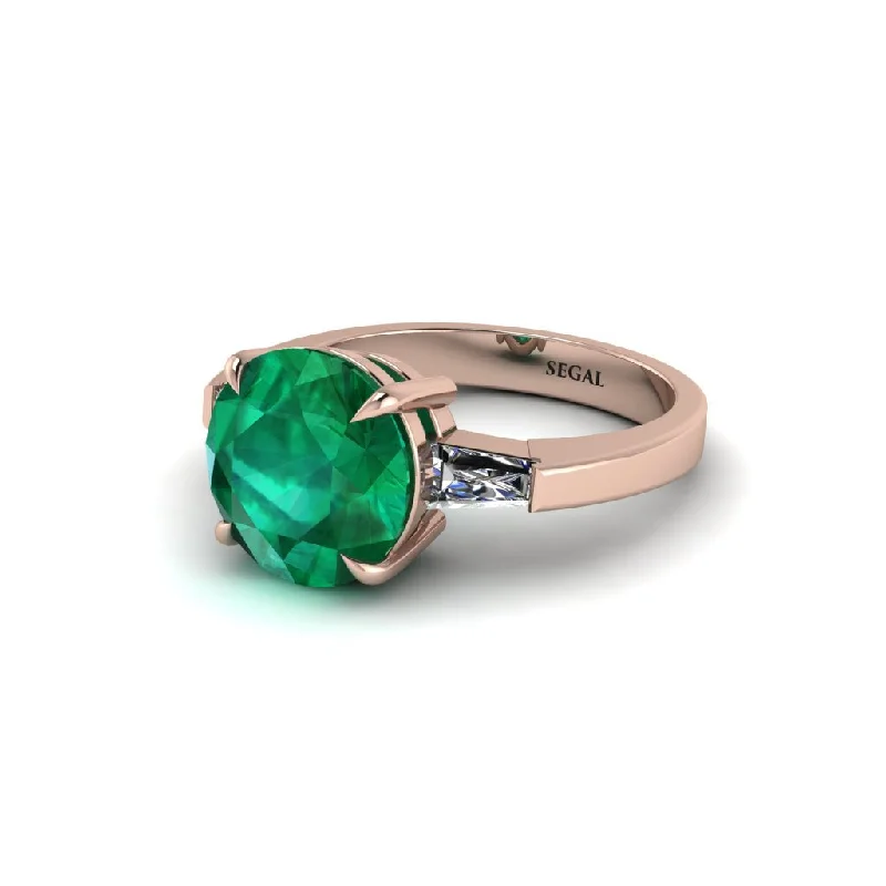 Elegant Gemstone Engagement Rings For Bridesmaids-3 Stone Round Cut Emerald With 2 Baguettes Engagement Ring - Gwendolyn No. 5