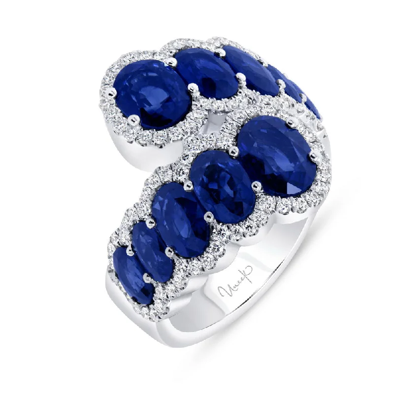 Trendy Gold Rings For Special Occasions-Uneek Precious Collection Bypass Oval Shaped Blue Sapphire Anniversary Ring