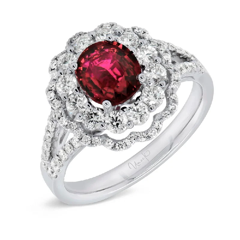 Custom Stacking Wedding Rings For Bridesmaids-Uneek Precious Collection Double-Halo Oval Shaped Ruby Engagement Ring