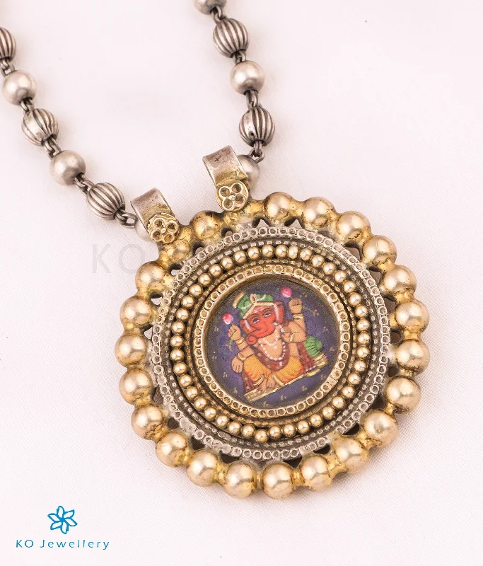 Personalized Gemstone Necklace For Fashion Week-The Ojasvi Silver Antique Handpainted Ganesha Necklace