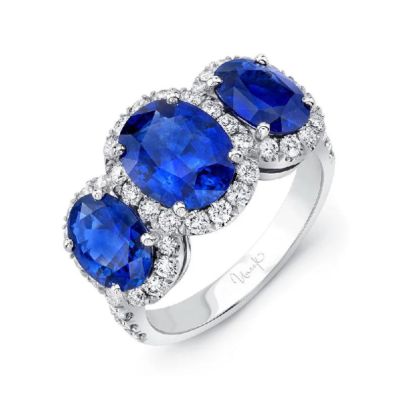 Simple Wedding Bands For Fashion-Forward Brides-Uneek Oval Sapphire Three-Stone Three-Halo Engagement Ring