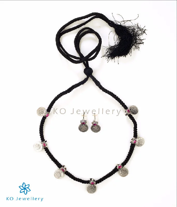 Elegant Long Necklace For Day Wear-The Loukya Silver Coin Necklace Set (Black/Oxidised)