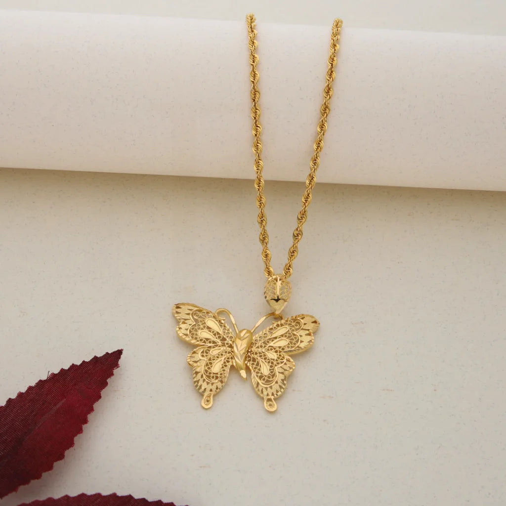 Simple Heart Necklace For Special Occasions-Gold Necklace (Chain with Gold Butterfly Shaped Pendant 21KT ) - FKJNKL21K7538