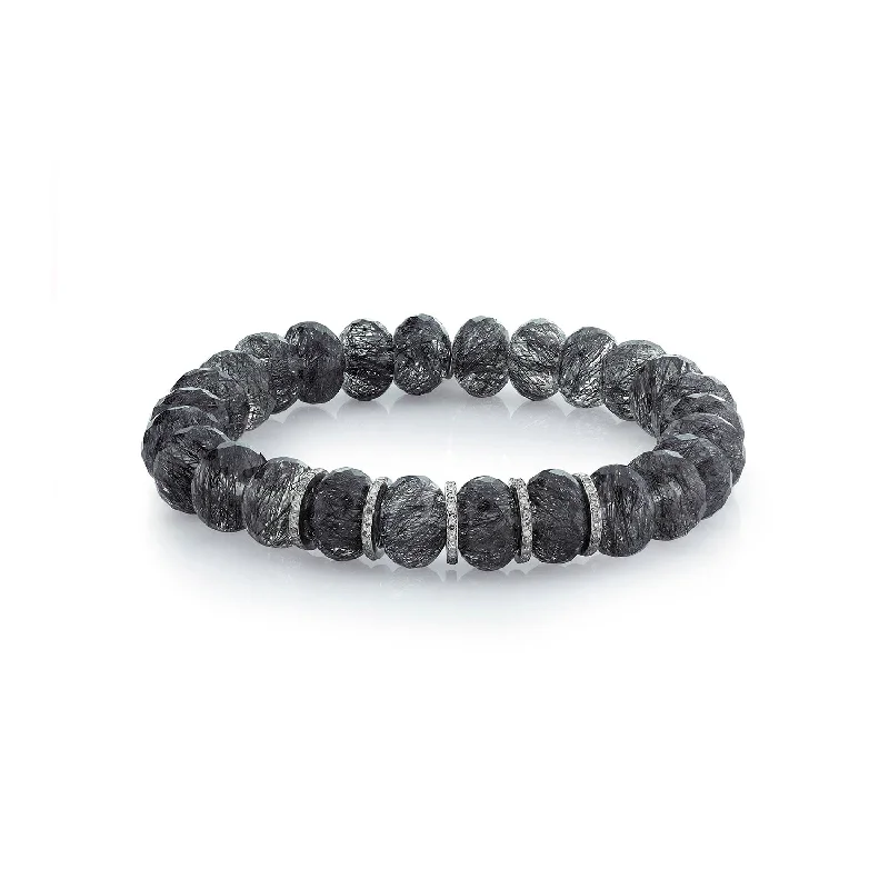 Minimalist Stainless Steel Bracelets-Black Tourmalinated Quartz Bead Bracelet with 5 Diamond Rondelles - 9mm