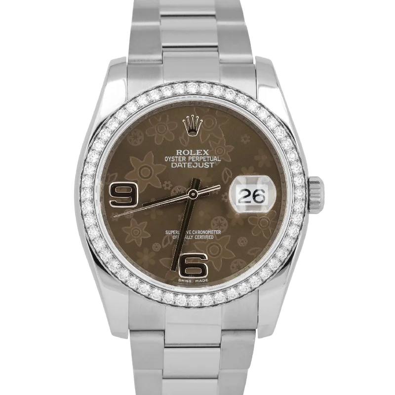 Designer Watches For Women-MINT Rolex DateJust 36mm FACTORY DIAMOND BEZEL Floral CHOCOLATE Watch 116244