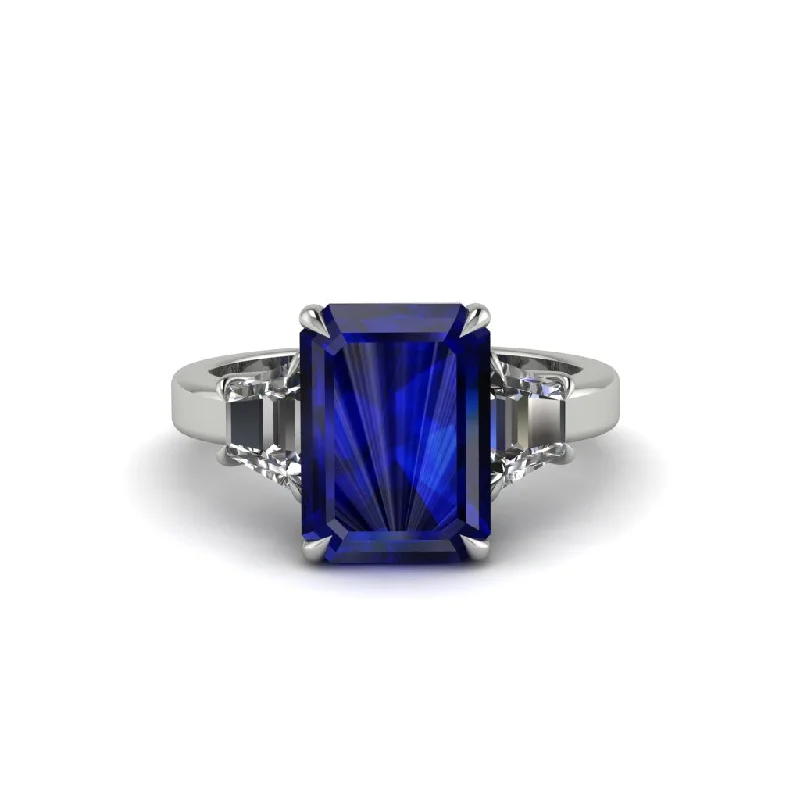 Custom Titanium Wedding Bands For Modern Grooms-Sapphire Emerald Cut Three Stone Ring With Custom Baguette - Yvette No. 15