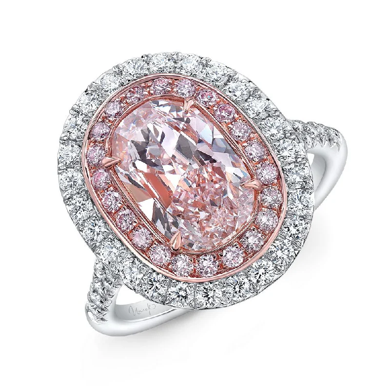 Trendy Custom Rings For Special Occasions-Uneek Cushion Light Pink Diamond Engagement Ring SI1 GIA Certified with Pink and White Diamond Side Stones