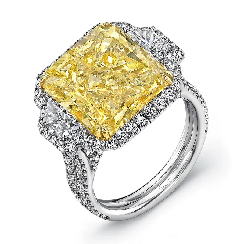 Classic Diamond Rings For Timeless Weddings-Uneek 11-Carat Radiant Fancy Yellow Diamond Contemporary Three-Stone Engagement Ring