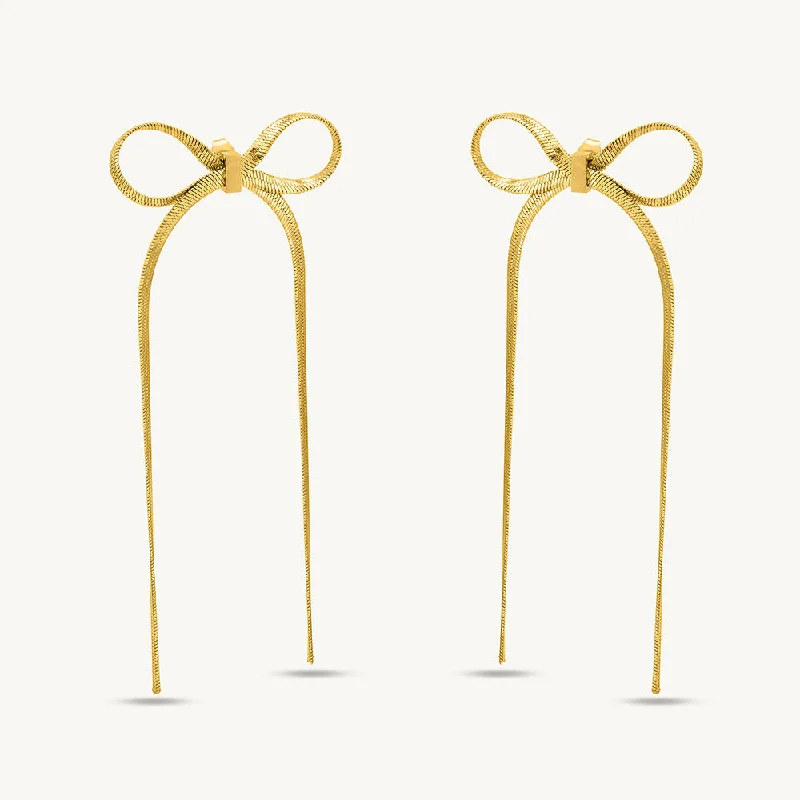 Luxury Earrings With Diamonds For Fashion-Golden Bows Drop Earrings