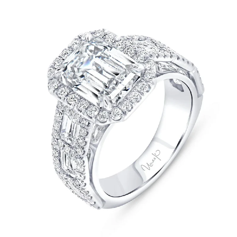 Trendy Stackable Rings For Bridesmaids-Uneek Signature Collection Halo Emerald Cut Diamond Engagement Ring