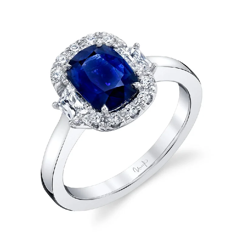 Simple Sapphire Wedding Bands For Brides-Uneek Precious Collection Halo Cushion Cut Blue Sapphire Engagement Ring