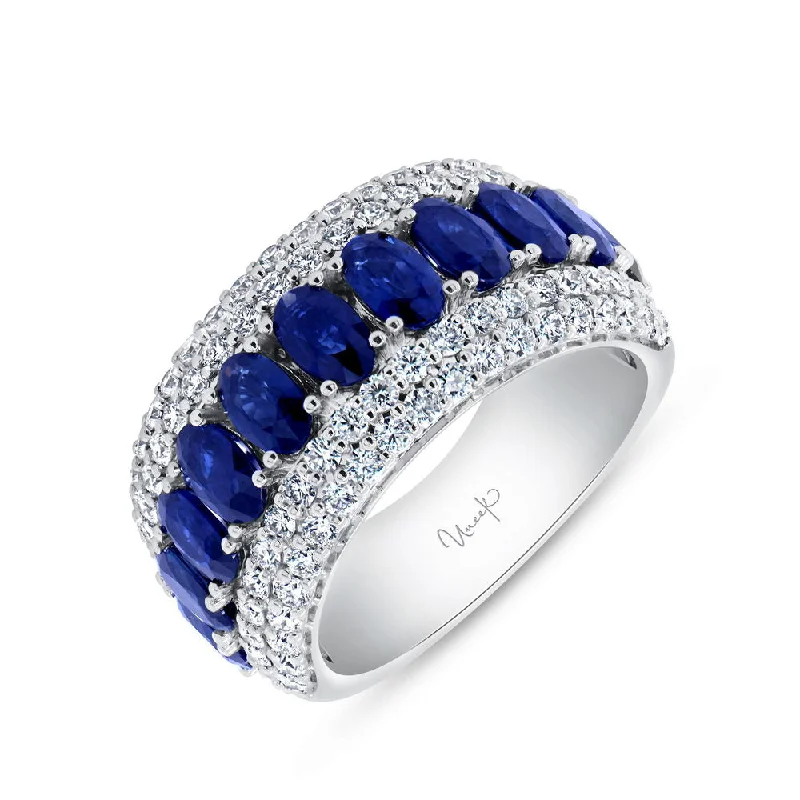 Personalized Wedding Rings With Gemstones For Brides-Uneek Precious Collection Multi-Row Oval Shaped Blue Sapphire Anniversary Ring