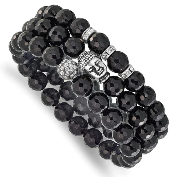 High-Quality Leather Bracelets-Silver-tone Brass Black Agate and Crystal Buddha Beaded Stretch Bracelet Set