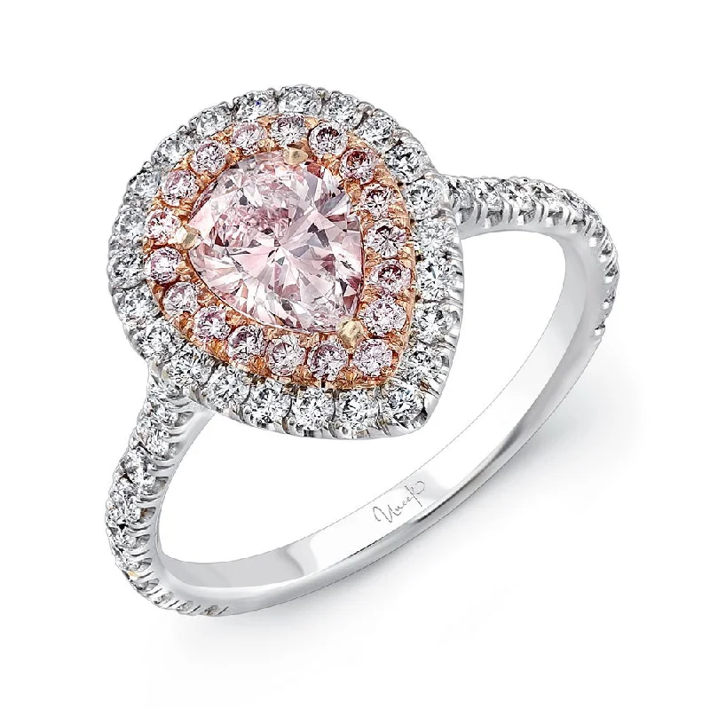 Simple Engagement Rings With Colored Diamonds-Uneek Pear-Shaped Pink Diamond Engagement Ring with Pink Diamond Inner Halo and White Diamond Outer Halo