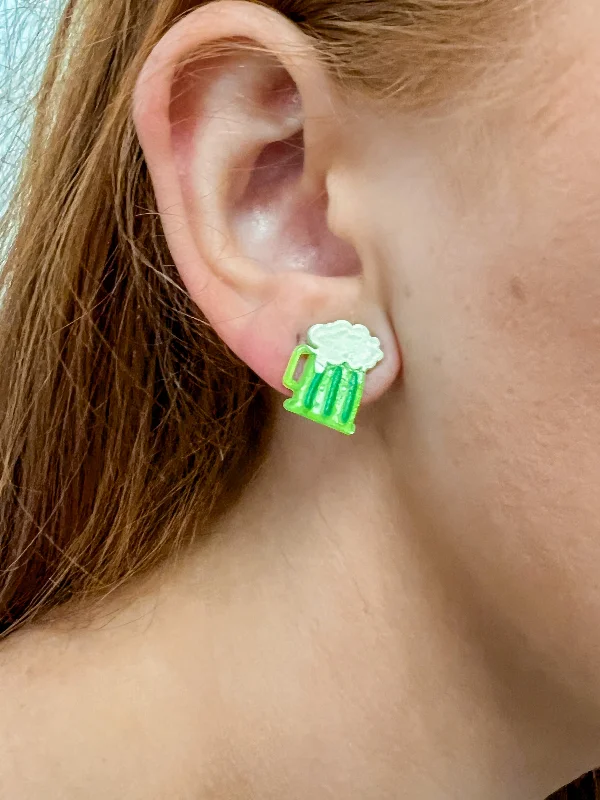 Bohemian Earrings For Beach Weddings-Wee Mug O' Green Beer Stud Earring