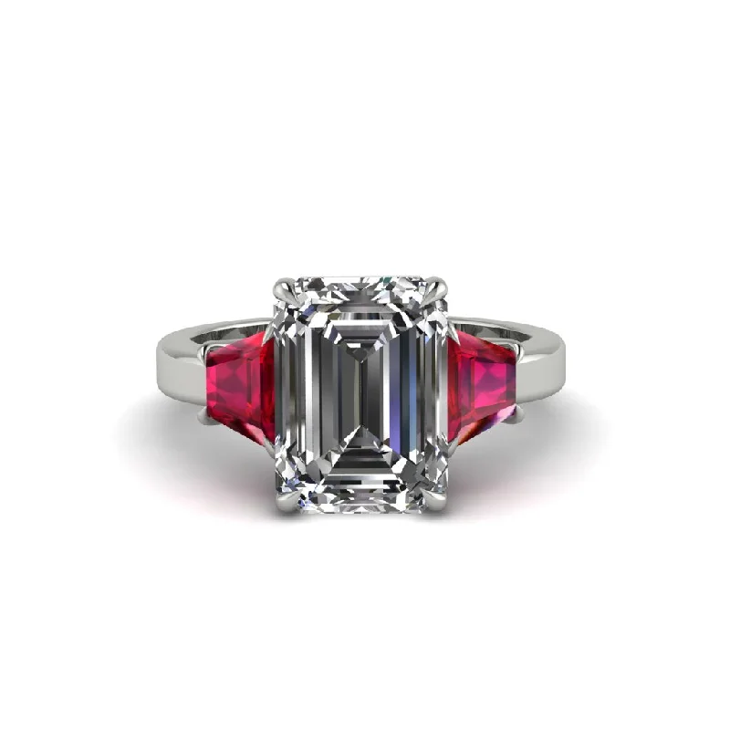 Simple Engagement Rings With Colored Diamonds-Diamond Emerald Cut Three Stone Ring With Custom Baguette - Yvette No. 48