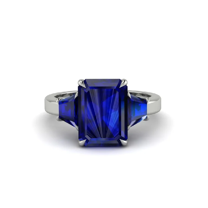 Elegant Custom Wedding Bands For Special Occasions-Sapphire Emerald Cut Three Stone Ring With Custom Baguette - Yvette No. 75