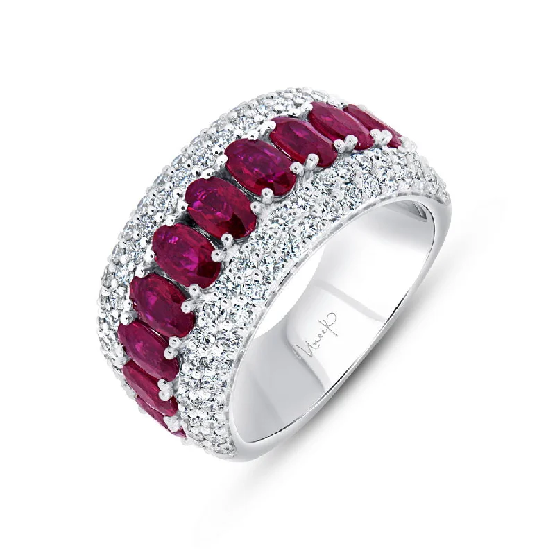 Classic Titanium Wedding Rings For Grooms-Uneek Precious Collection Multi-Row Oval Shaped Ruby Anniversary Ring