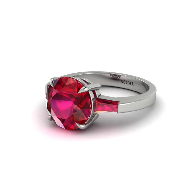 Trendy Wedding Bands For Fashion-Forward Couples-3 Stone Round Cut Ruby With 2 Baguettes Engagement Ring - Gwendolyn No. 57