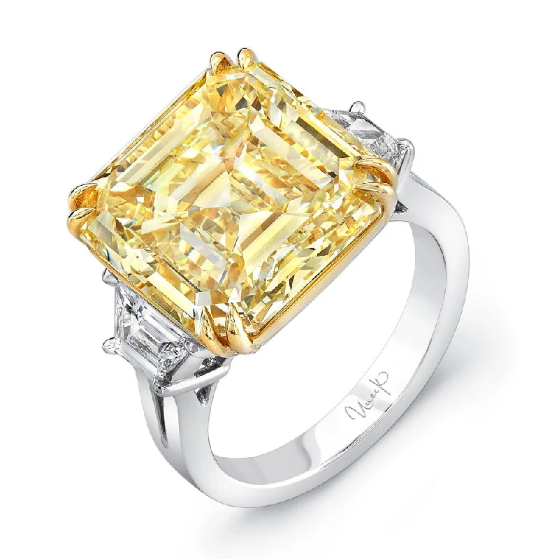 Classic Wedding Bands For Minimalist Brides-Uneek Natureal Collection Three-Stone Asscher Fancy Yellow Diamond Engagement Ring