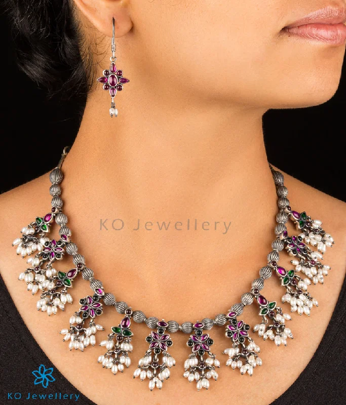 Trendy Statement Necklace For Evening Wear-The Kadambari Silver Guttapusalu Kemp Necklace