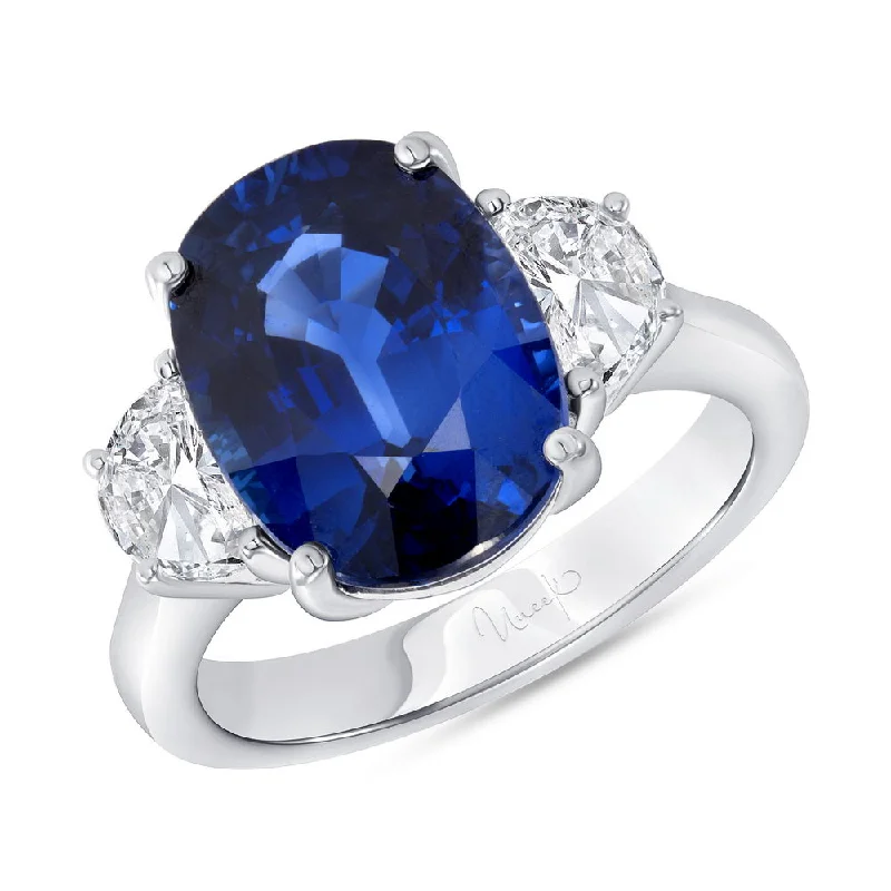 Trendy Custom Engagement Rings For Bridesmaids-Uneek Precious Collection Three-Stone Oval Shaped Blue Sapphire Fashion Ring