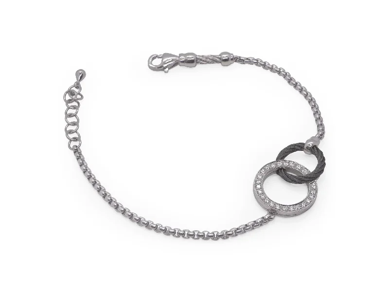 Designer Charm Bracelets For Teens-ALOR Grey Chain & Black Cable Interlocking Bracelet with 14kt Gold & Diamonds