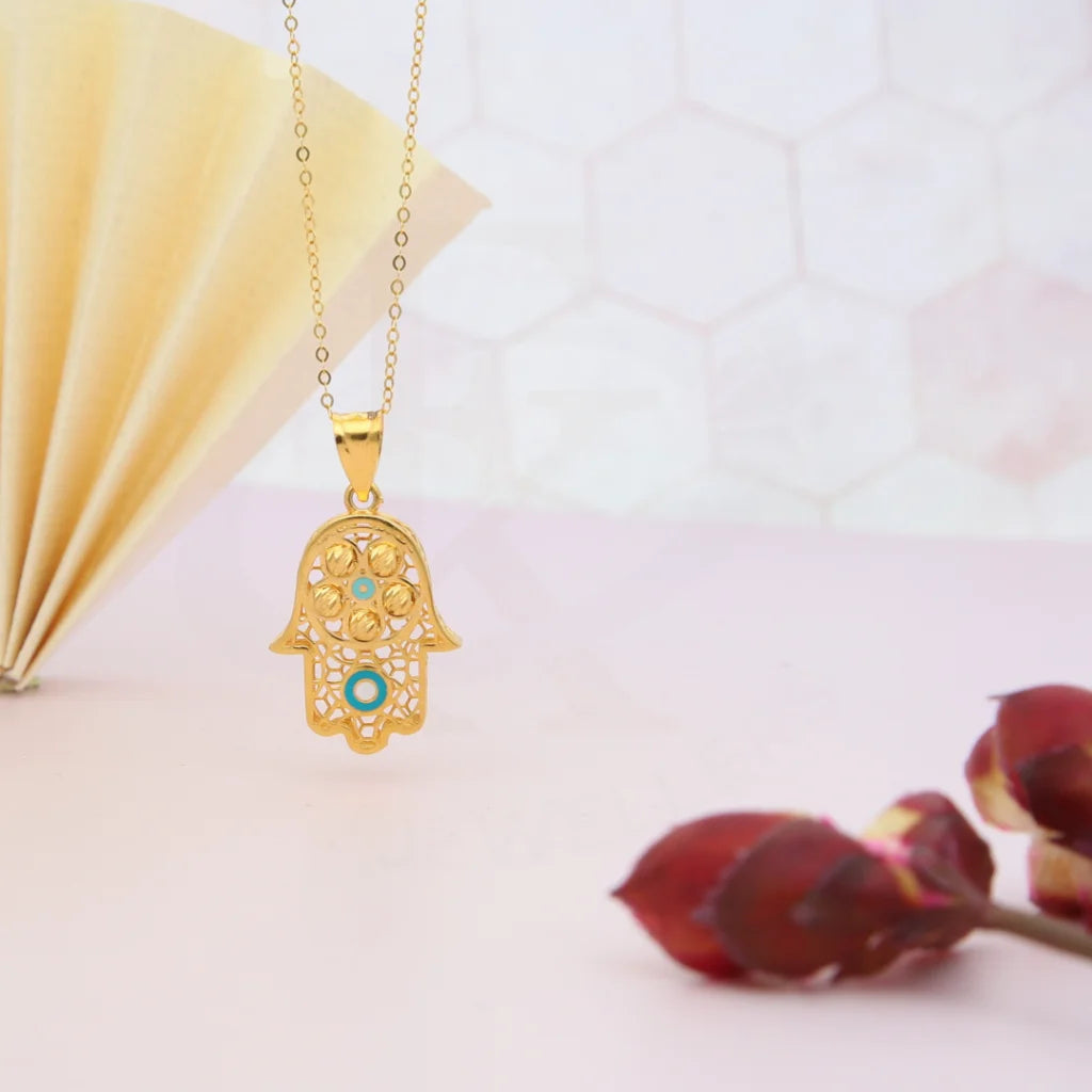 Luxury Gemstone Necklace For Bridesmaids-Gold Necklace (Chain with Turquoise Hamsa Hand Pendant) 21KT - FKJNKL21KM8046