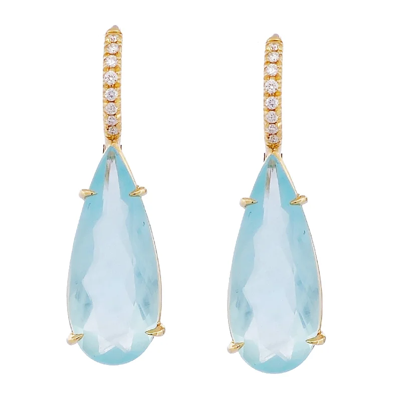 Handcrafted Gold Earrings For Special Gifts-Milky Aquamarine Yellow Gold Diamond Pave Drop Earrings