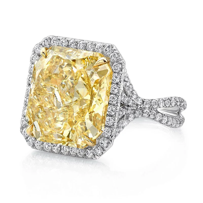 Custom Diamond Rings For Fashion-Forward Brides-Uneek 12-Carat Radiant-Cut Fancy Yellow Diamond Halo Engagement Ring with Pave Silhouette Double Shank