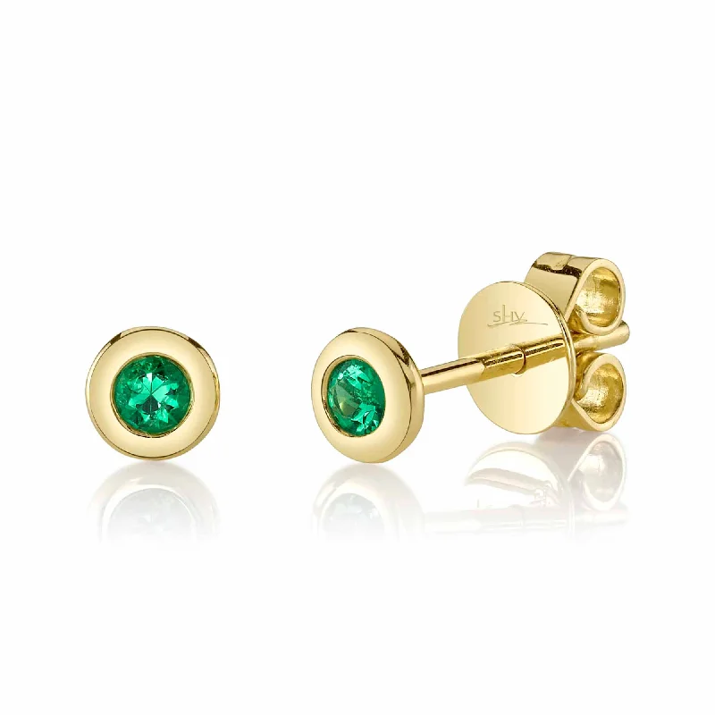 Custom Crystal Earrings For Weddings-14kt Yellow Gold Bezel Set Emerald Stud Earrings