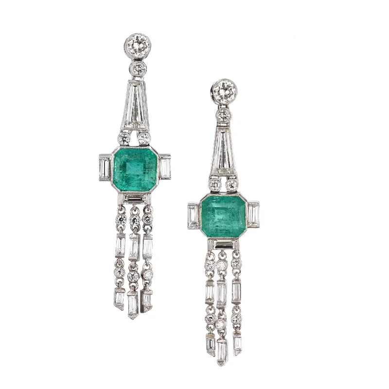 Stylish Stud Earrings For Casual Look-Platinum Diamond Deco Emerald Earrings