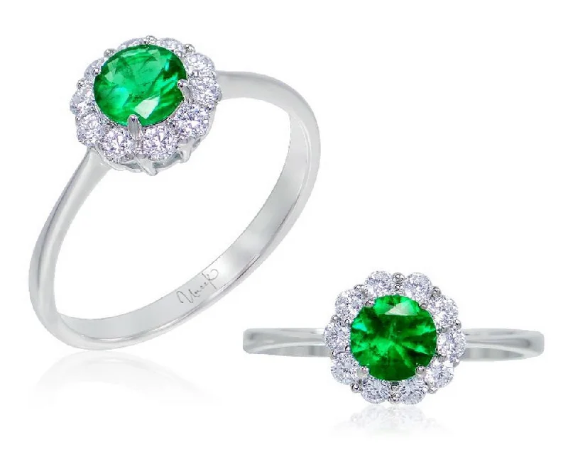 Elegant Wedding Rings For Bridesmaids-Uneek Round Emerald Ring with Scalloped Diamond Halo and Tapered Shank