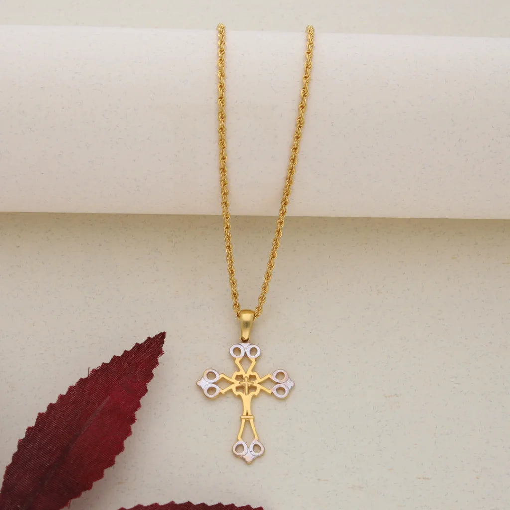 Elegant Beaded Necklace For Casual Wear-Gold Necklace (Chain With Dual Tone Gold Cross Pendant) 21KT - FKJNKL21K7574