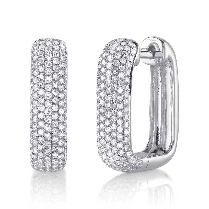 Handmade Gemstone Earrings For Fashion-White Gold Pave Diamond Rectangular Hoop Earrings