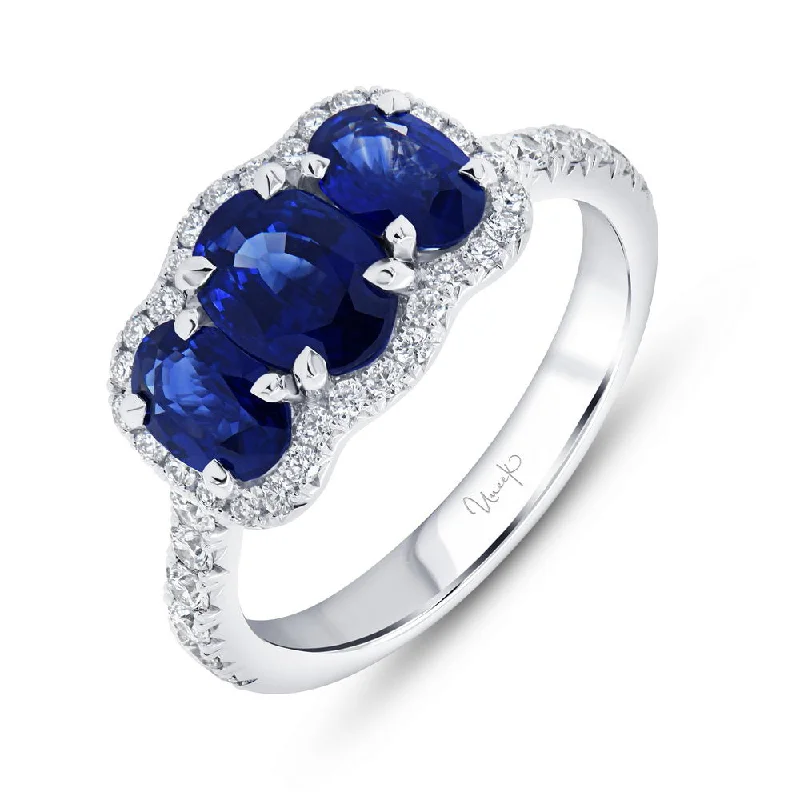 Personalized Custom Rings For Fashion-Forward Brides-Uneek Precious Collection 3-Stone-Halo Oval Shaped Blue Sapphire Engagement Ring