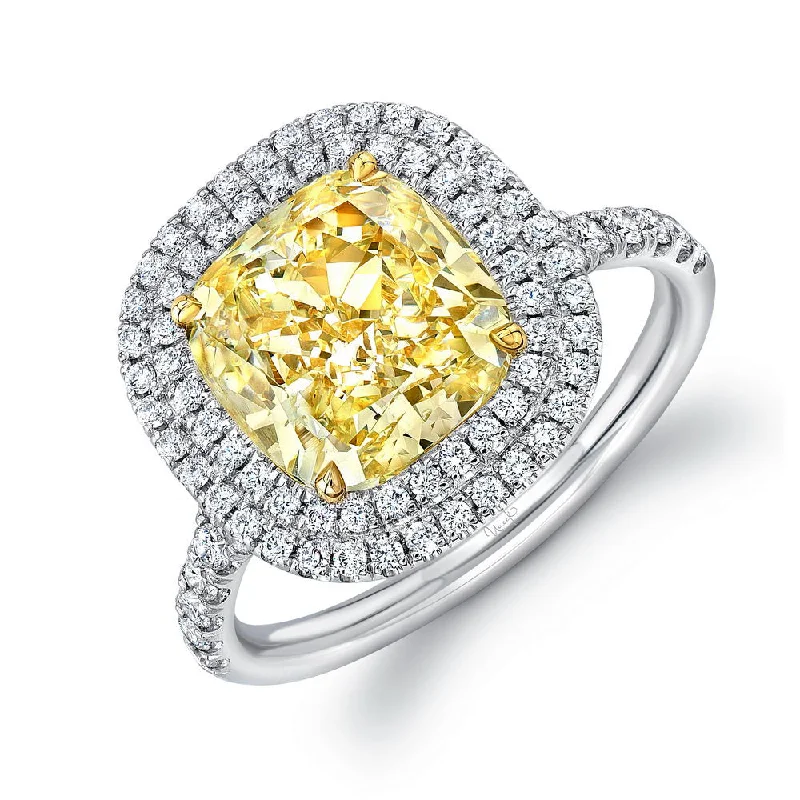 Simple Diamond Rings For Elegant Weddings-Uneek Cushion-Cut Fancy Yellow Engagement Ring with Double Halo