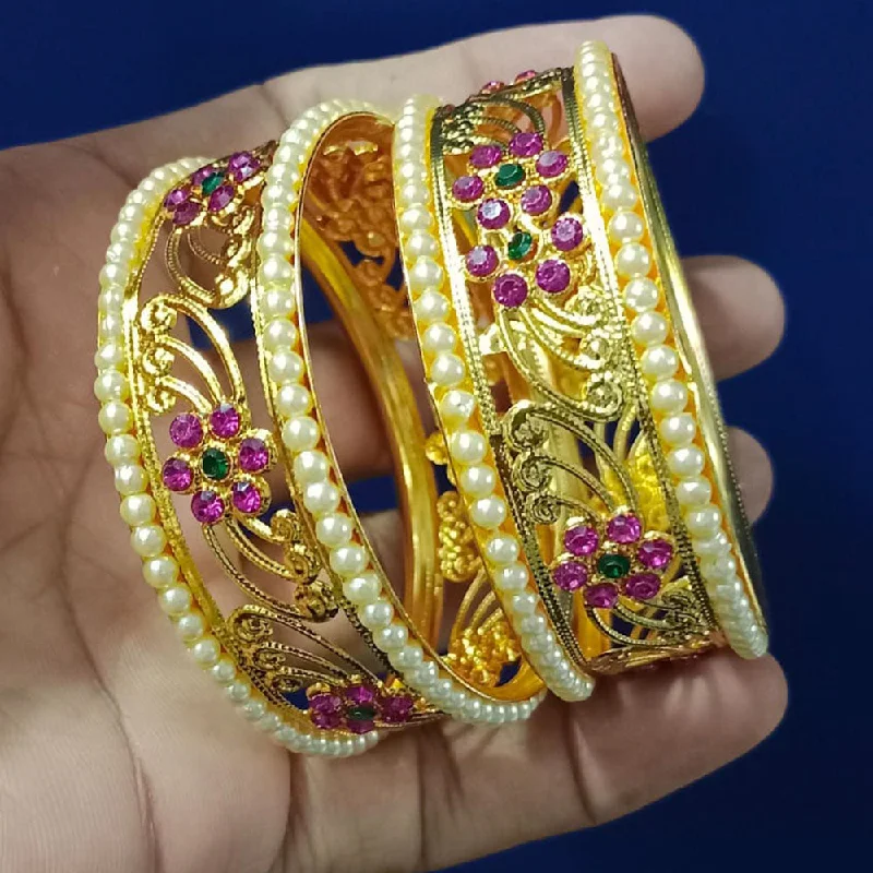 Classic Custom Wedding Bangles For Bridesmaids-Pooja Bangles Gold Plated Austrian Stone And Pearl Bangles Set