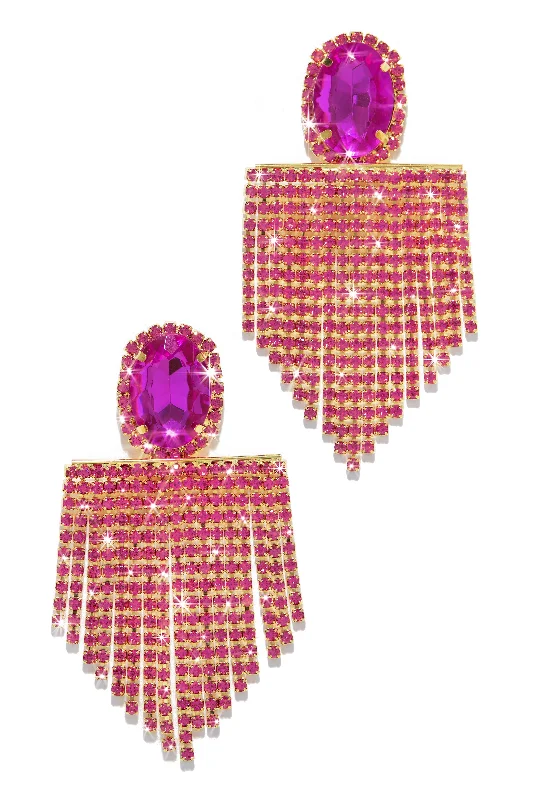 Silver Earrings With Colorful Gemstones-All Night Statement Fringe Earring - Pink