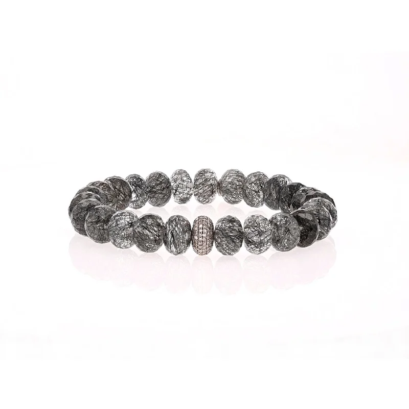 Handmade Beaded Wrap Bracelets-Black Tourmalinated Quartz Beaded Bracelet with Diamond Donut - 10mm