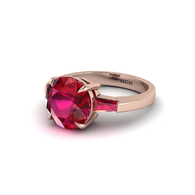 Custom Rose Gold Wedding Rings For Bridesmaids-3 Stone Round Cut Ruby With 2 Baguettes Engagement Ring - Gwendolyn No. 56