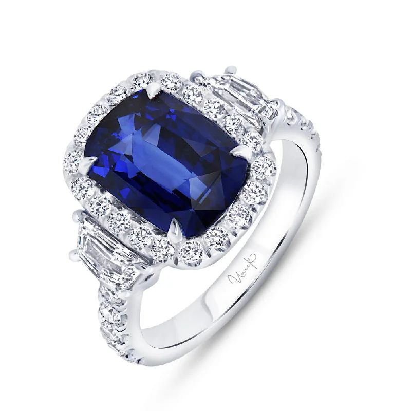 Unique Wedding Rings With Birthstones For Couples-Uneek Precious Collection 3-Stone-Halo Cushion Cut Blue Sapphire Engagement Ring