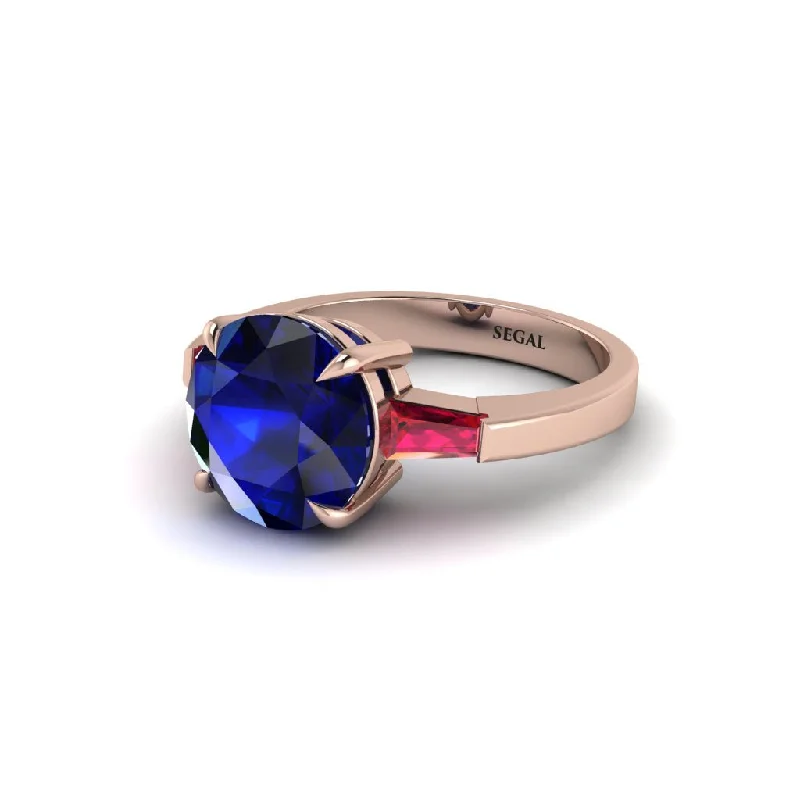 Trendy Rose Gold Rings For Special Occasions-3 Stone Round Cut Sapphire With 2 Baguettes Engagement Ring - Gwendolyn No. 59