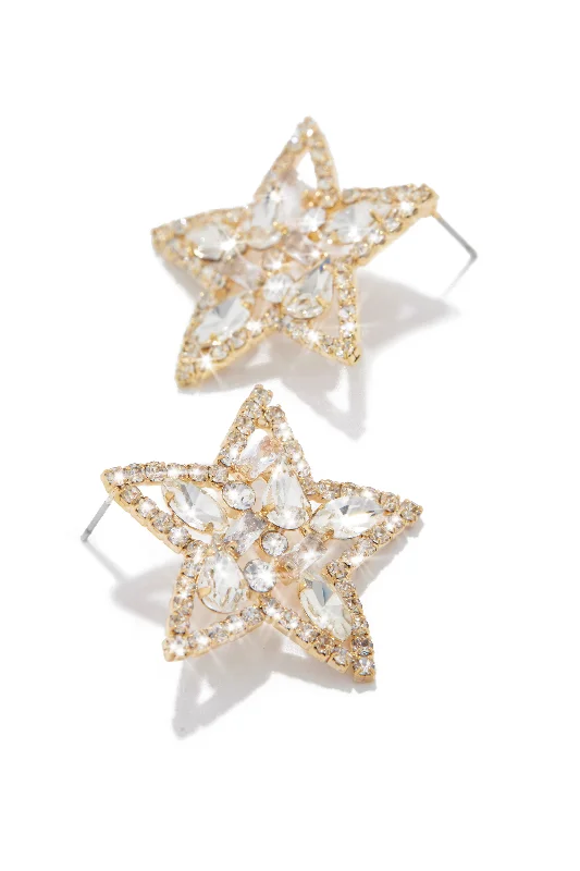 Silver Earrings For Formal Events-Rockstar Embellished Star Stud Earrings - Gold