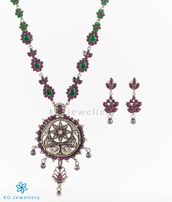 Unique Silver Necklace For Weddings-The Kritika Silver Peacock Kempu Necklace